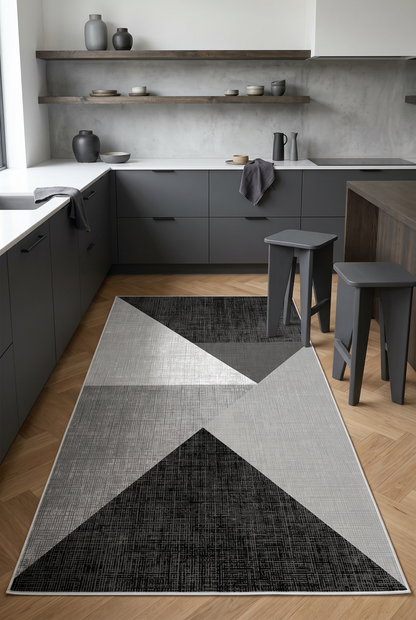 West Home Digital Print Washable Non-Slip Living Room, Kitchen and Hallway Rug - 447 Black