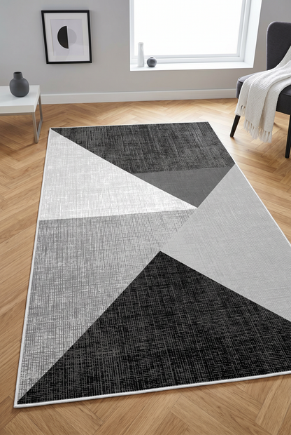 West Home Digital Print Washable Non-Slip Living Room, Kitchen and Hallway Rug - 447 Black