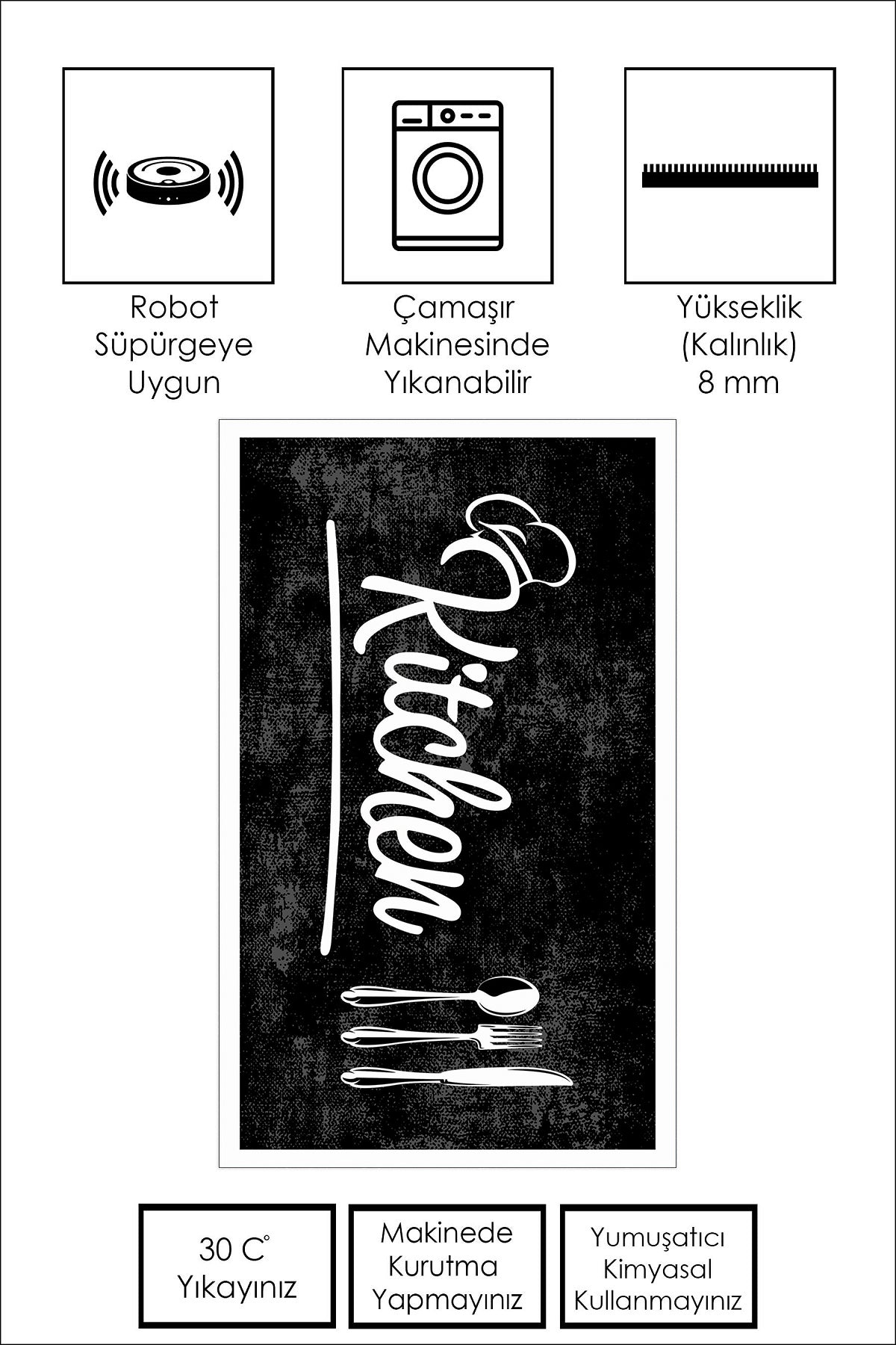 West Home Dijital Baskılı Yıkanabilir Kaymaz Taban Mutfak Halısı-448 Black