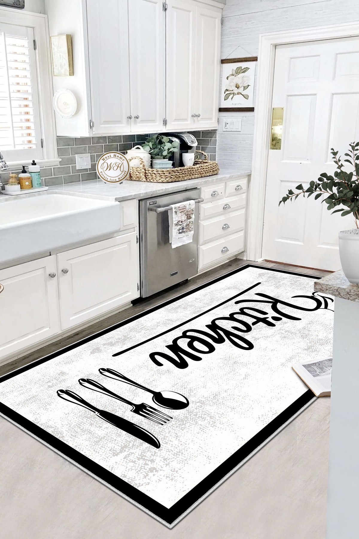 West Home Dijital Baskılı Yıkanabilir Kaymaz Taban Mutfak Halısı-448 White