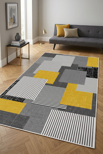 West Home Digital Print Washable Non-Slip Living Room, Kitchen and Hallway Rug - 457 Gold