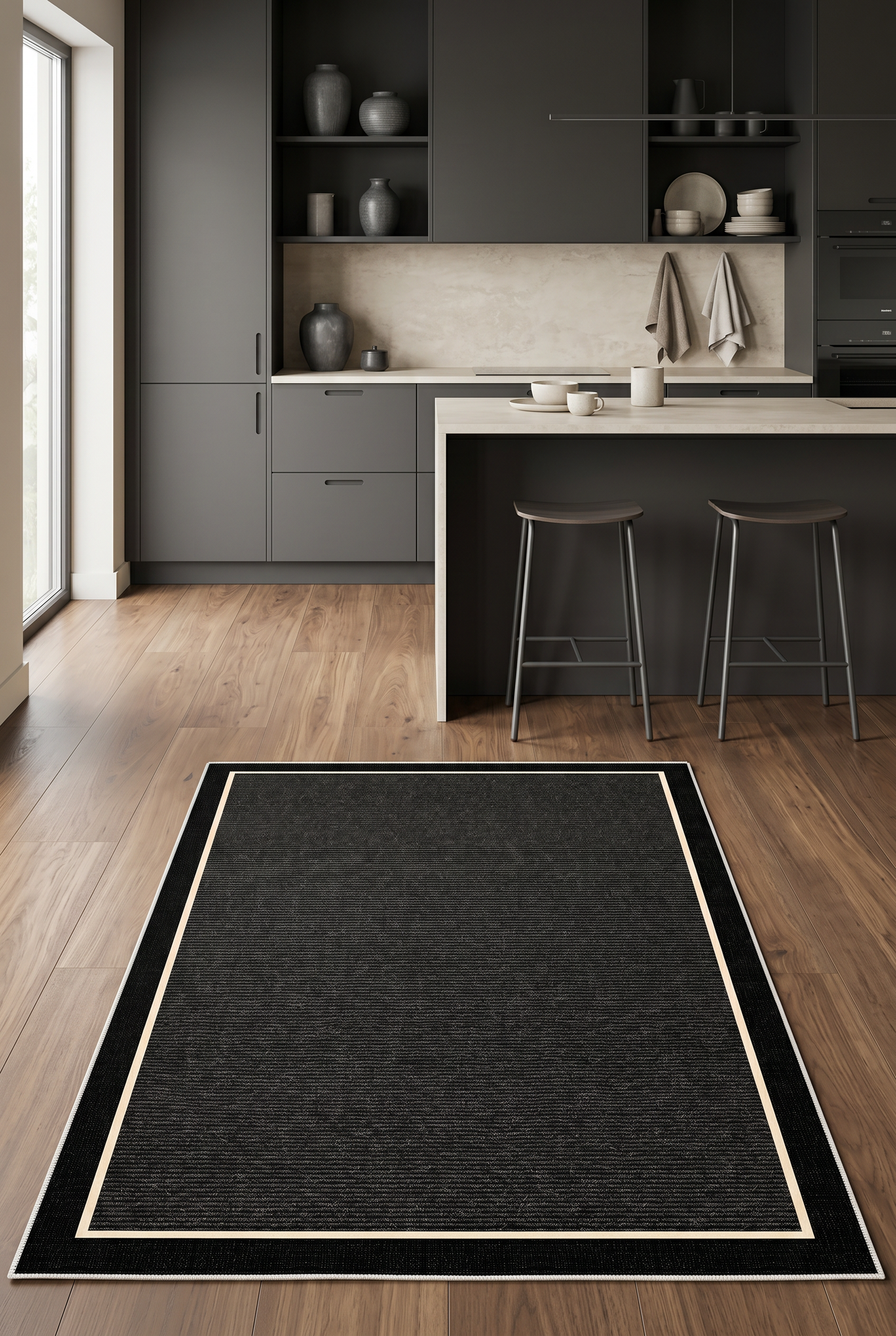 West Home Digital Print Washable Non-Slip Living Room, Kitchen and Hallway Rug - 478 Black