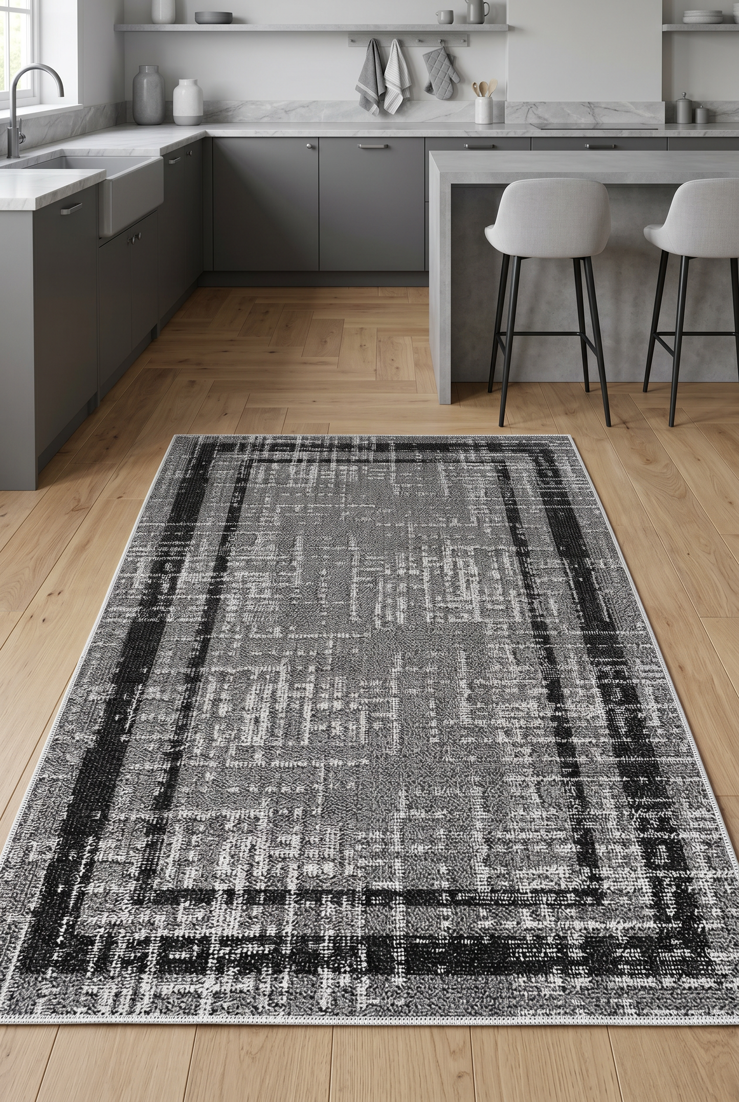 West Home Digital Print Washable Non-Slip Living Room, Kitchen and Hallway Rug - 487 Grey