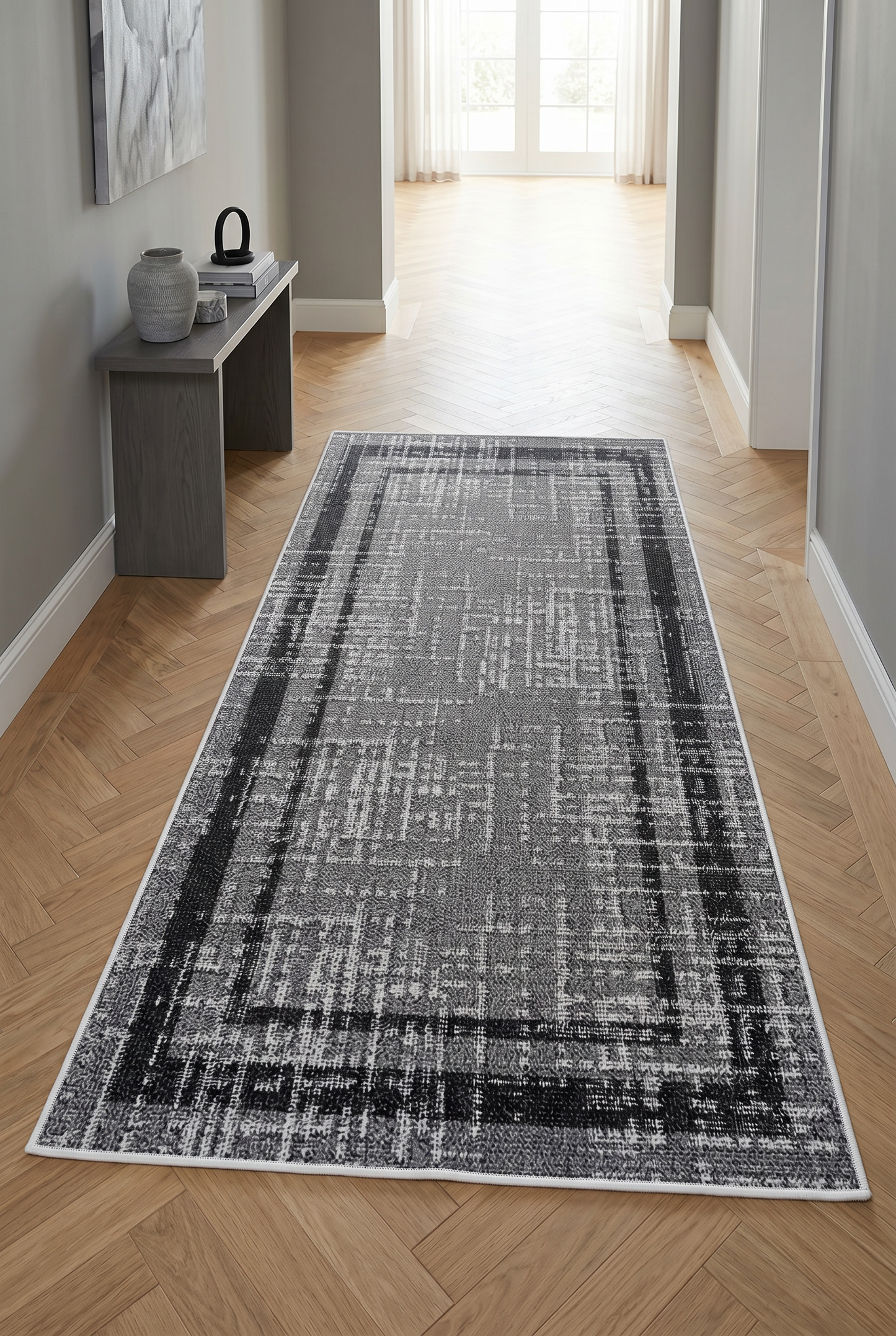 West Home Digital Print Washable Non-Slip Living Room, Kitchen and Hallway Rug - 487 Grey