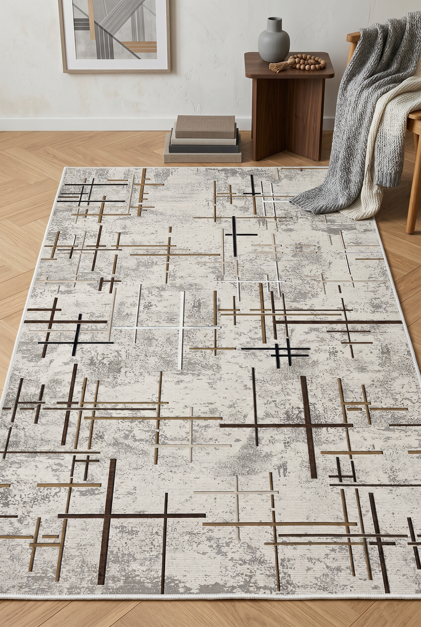 West Home Digital Print Washable Non-Slip Living Room, Kitchen and Hallway Rug - 488 Beige