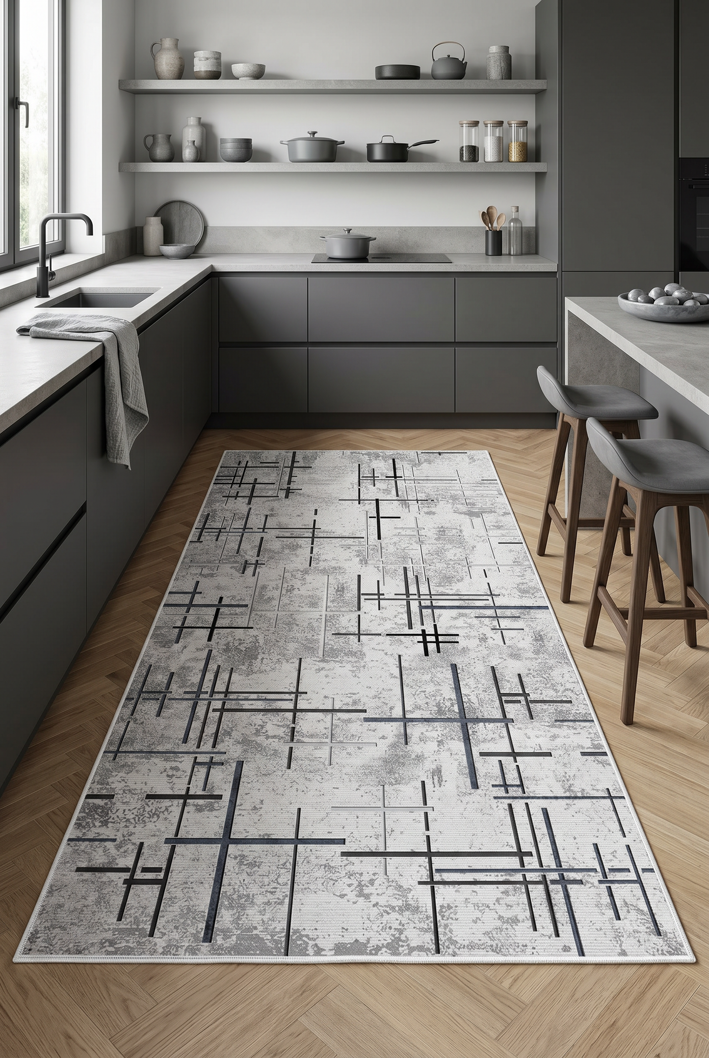 West Home Digital Print Washable Non-Slip Living Room, Kitchen and Hallway Rug - 488 Grey