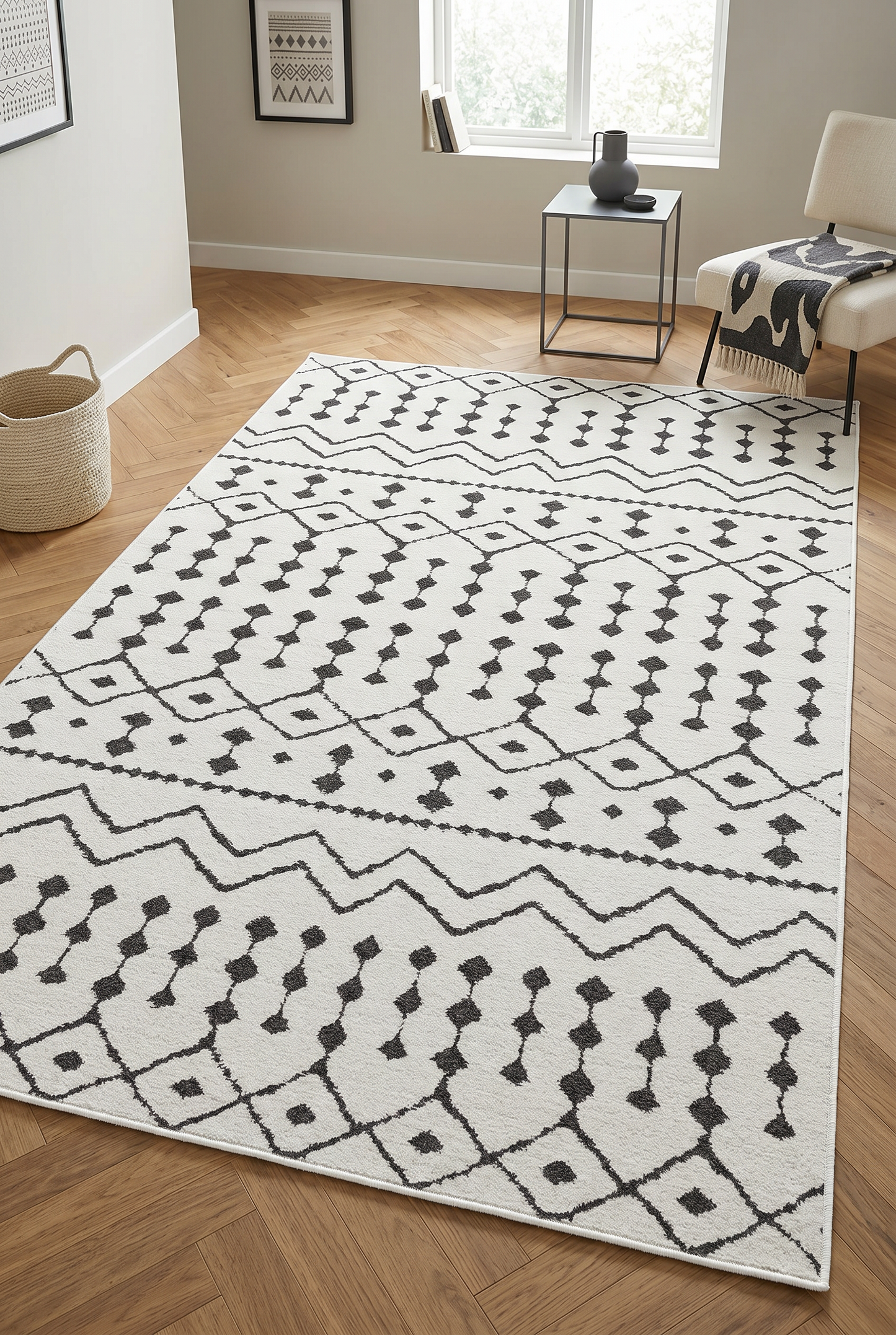 West Home Digital Print Washable Non-Slip Living Room, Kitchen and Hallway Rug - 491 White