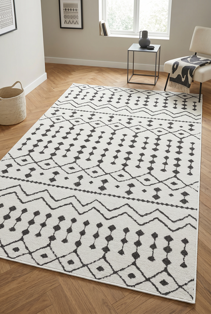 West Home Digital Print Washable Non-Slip Living Room, Kitchen and Hallway Rug - 491 White