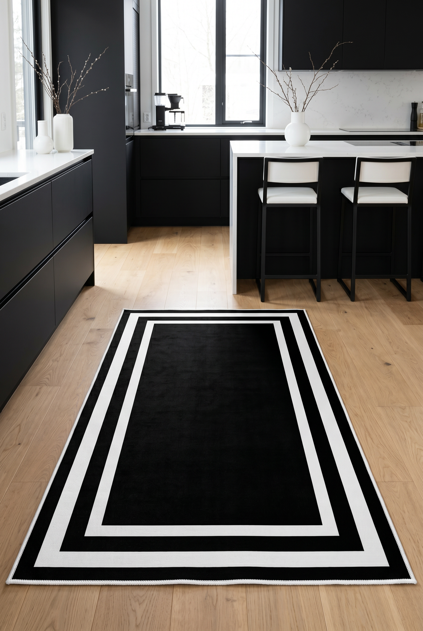 West Home Digital Print Washable Non-Slip Living Room, Kitchen and Hallway Rug - 496 Black