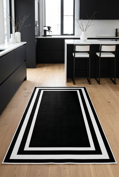West Home Digital Print Washable Non-Slip Living Room, Kitchen and Hallway Rug - 496 Black