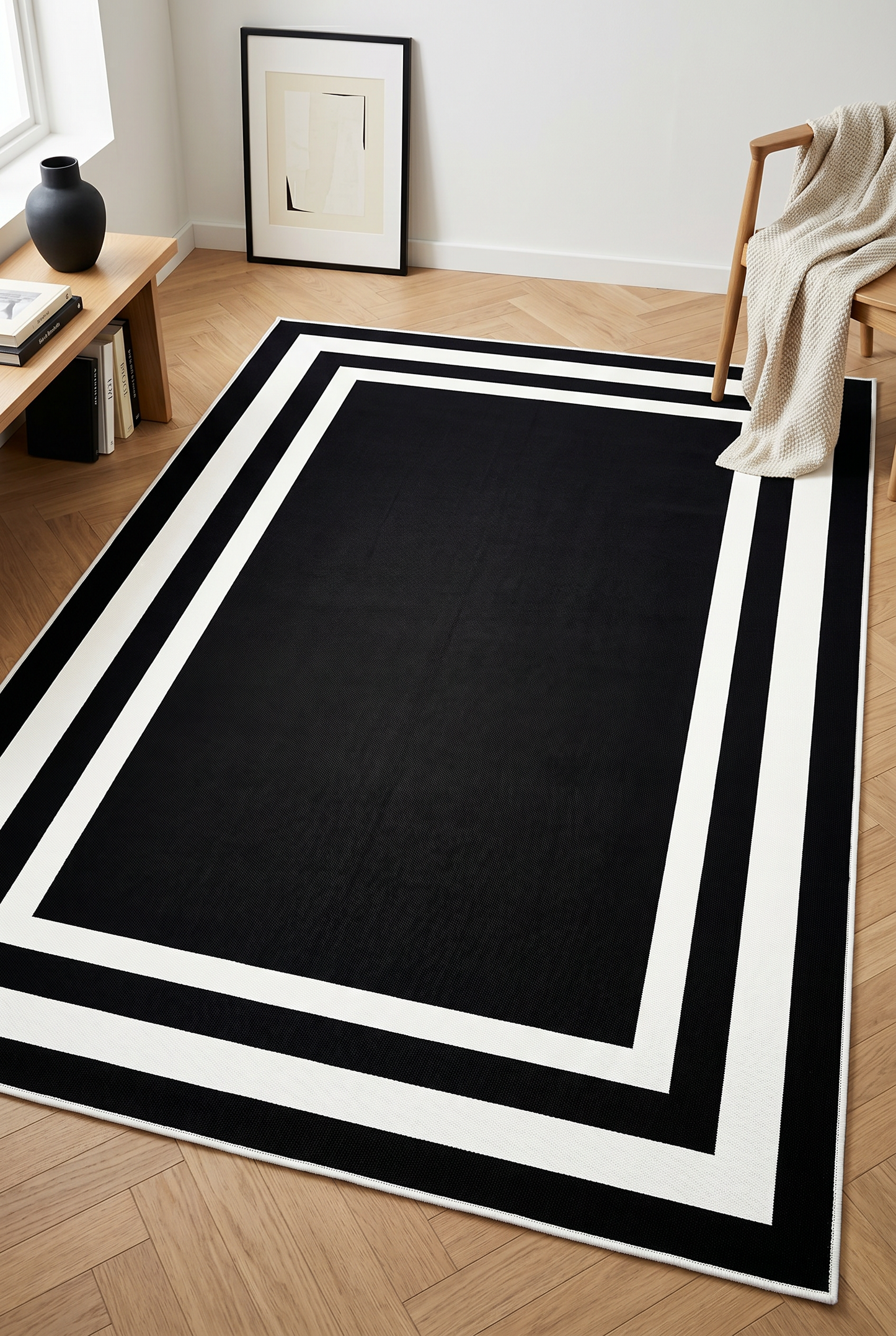 West Home Digital Print Washable Non-Slip Living Room, Kitchen and Hallway Rug - 496 Black