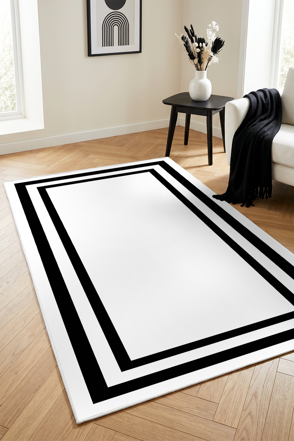 West Home Digital Print Washable Non-Slip Living Room, Kitchen and Hallway Rug - 496 White