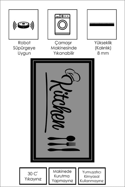 West Home Dijital Baskılı Yıkanabilir Kaymaz Taban Mutfak Halısı-498 Grey