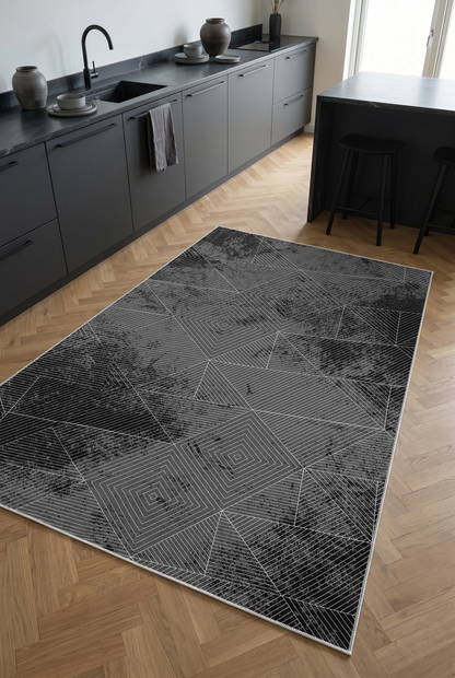 West Home Digital Print Washable Non-Slip Living Room, Kitchen and Hallway Rug - 576 Black