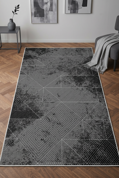West Home Digital Print Washable Non-Slip Living Room, Kitchen and Hallway Rug - 576 Black