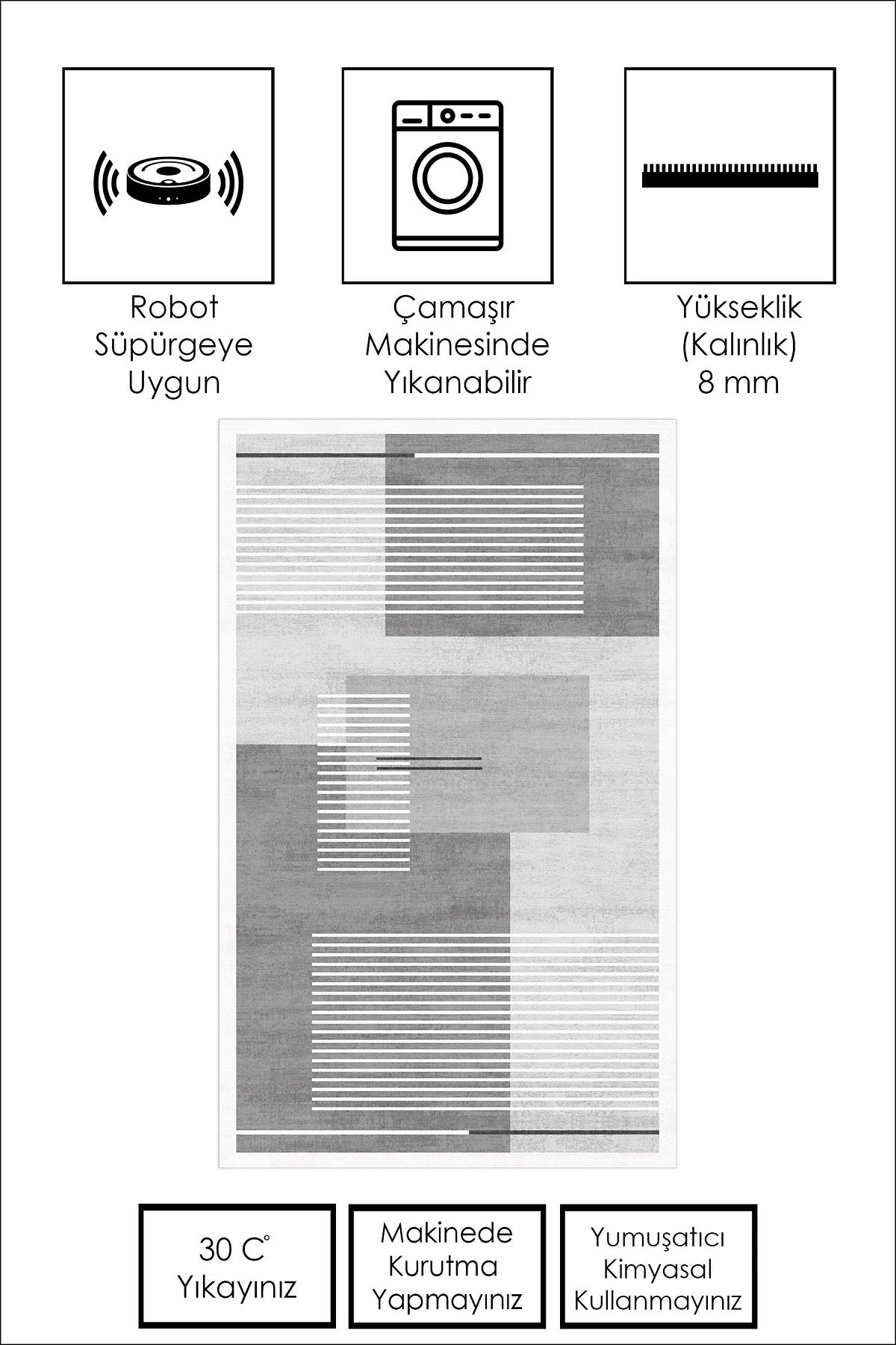 West Home Dijital Baskılı Yıkanabilir Kaymaz Taban Salon, Mutfak ve Yolluk Halısı-615 Grey