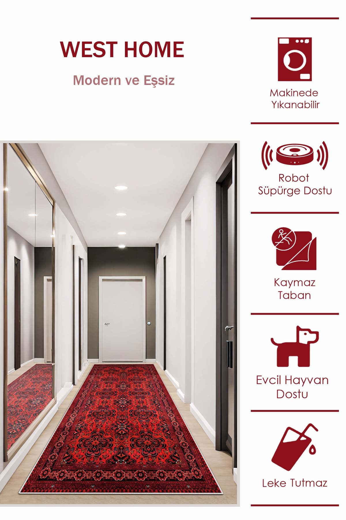 West Home Dijital Baskılı Yıkanabilir Kaymaz Taban Salon, Mutfak ve Yolluk Halısı-620 Red