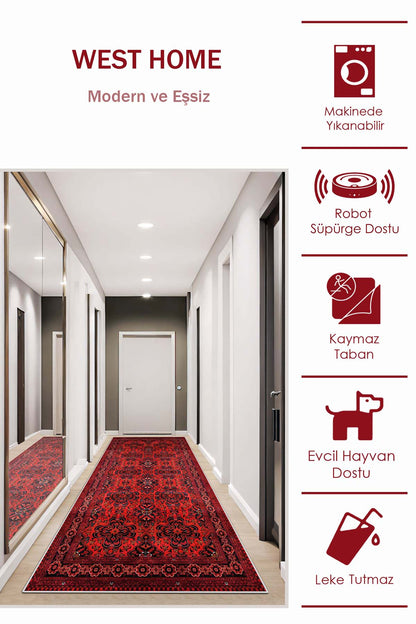 West Home Dijital Baskılı Yıkanabilir Kaymaz Taban Salon, Mutfak ve Yolluk Halısı-620 Red