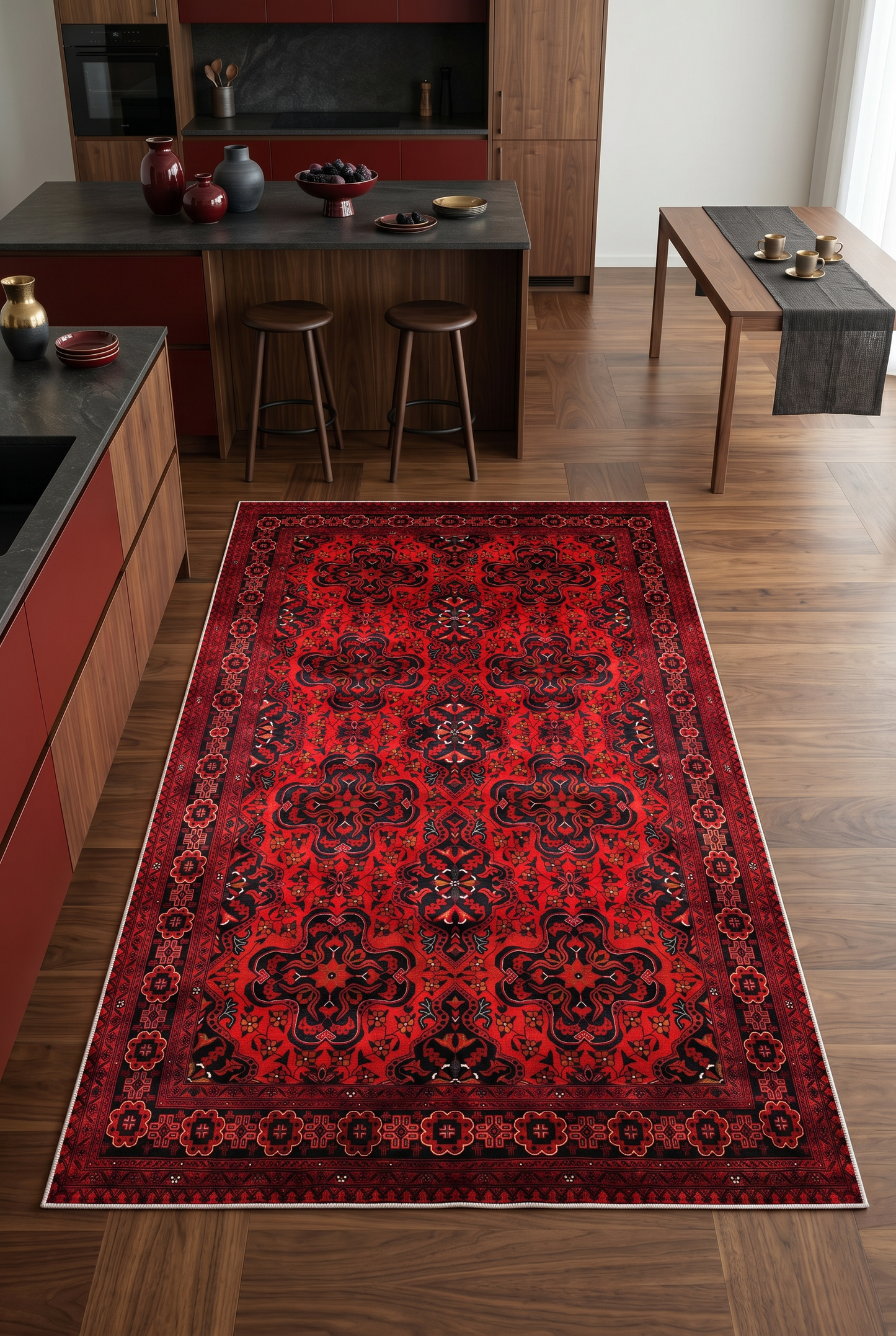 West Home Digital Print Washable Non-Slip Base Living Room, Kitchen and Hallway Rug - 620 Red