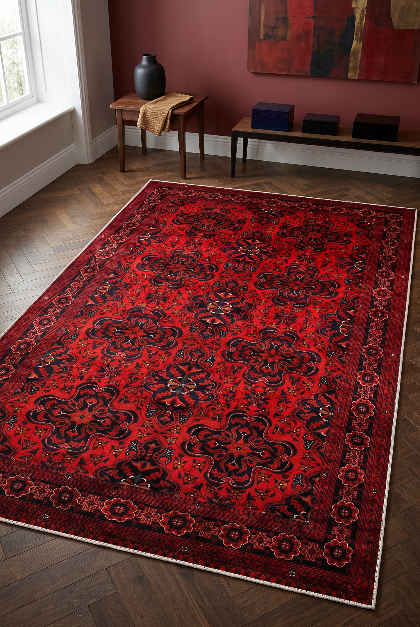 West Home Digital Print Washable Non-Slip Base Living Room, Kitchen and Hallway Rug - 620 Red