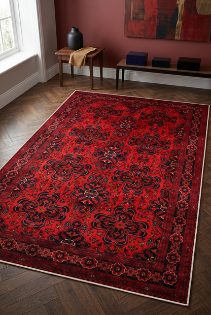 West Home Digital Print Washable Non-Slip Base Living Room, Kitchen and Hallway Rug - 620 Red