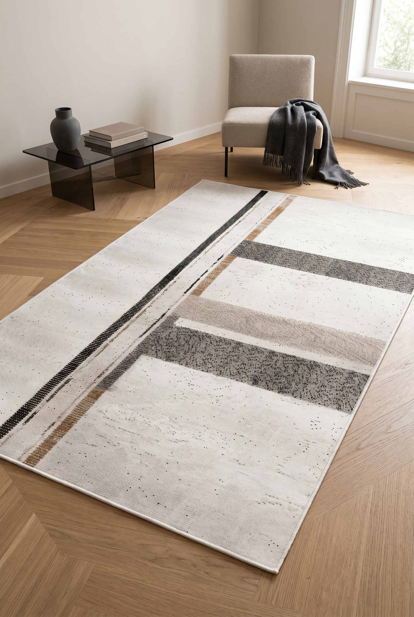 West Home Digital Print Washable Non-Slip Living Room, Kitchen and Hallway Rug - 642 White