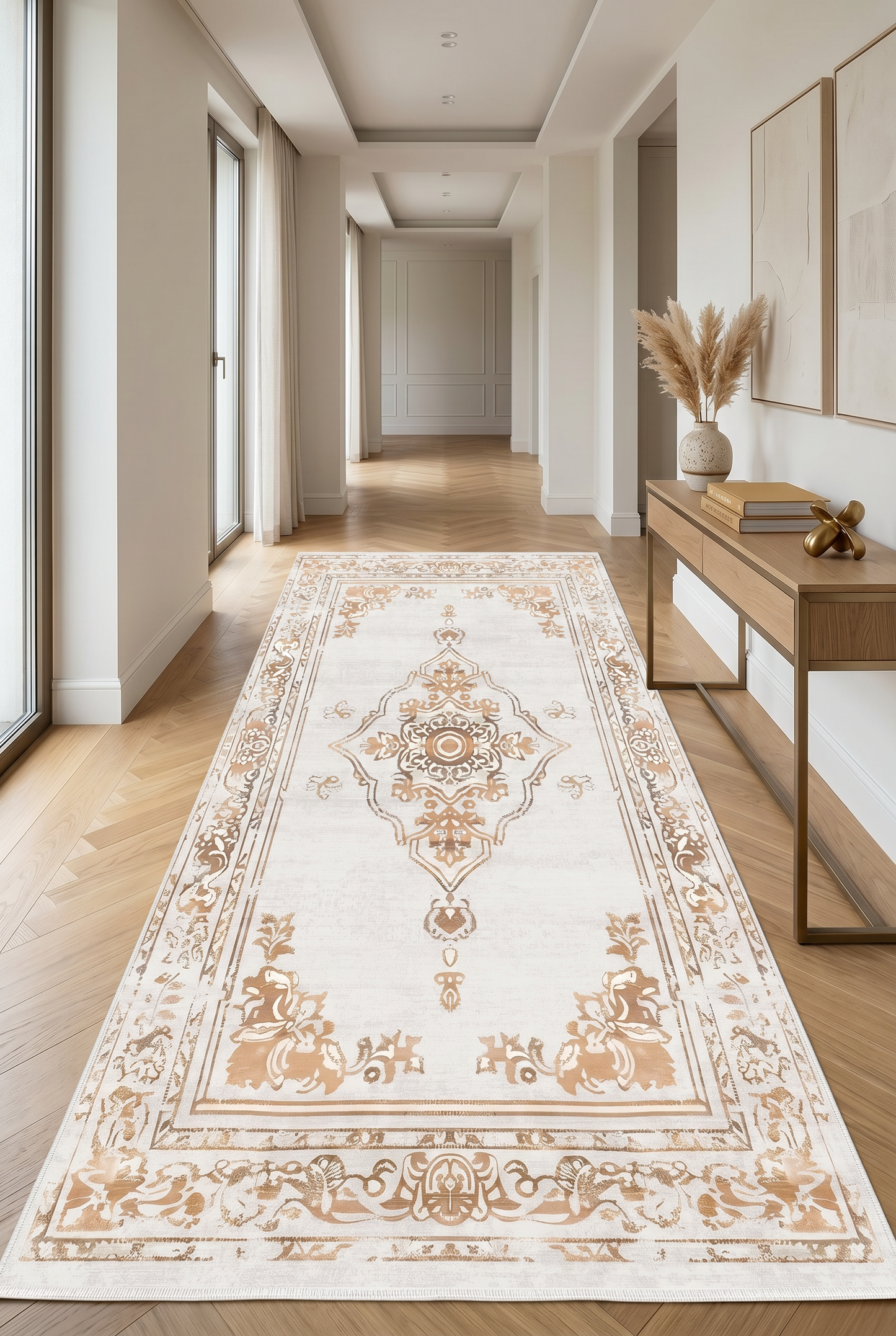 West Home Digital Print Washable Non-Slip Living Room, Kitchen and Hallway Rug - 646 Beige