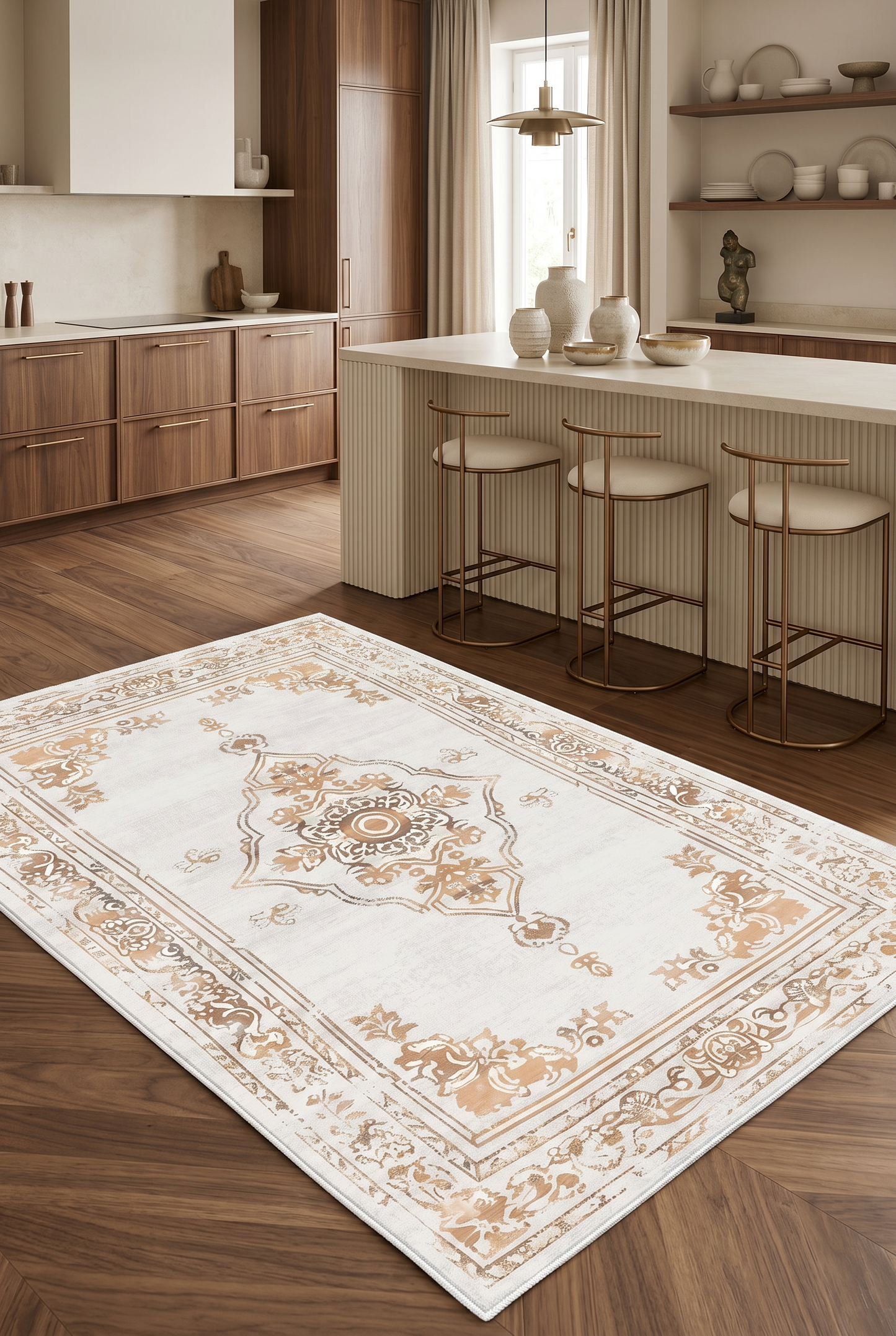 West Home Digital Print Washable Non-Slip Living Room, Kitchen and Hallway Rug - 646 Beige