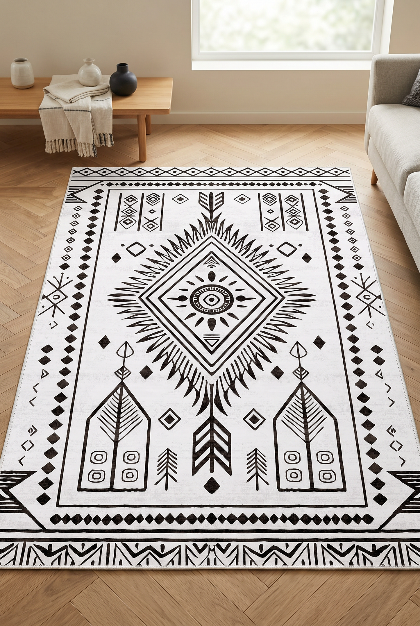 West Home Digital Print Washable Non-Slip Living Room, Kitchen and Hallway Rug - 654 White