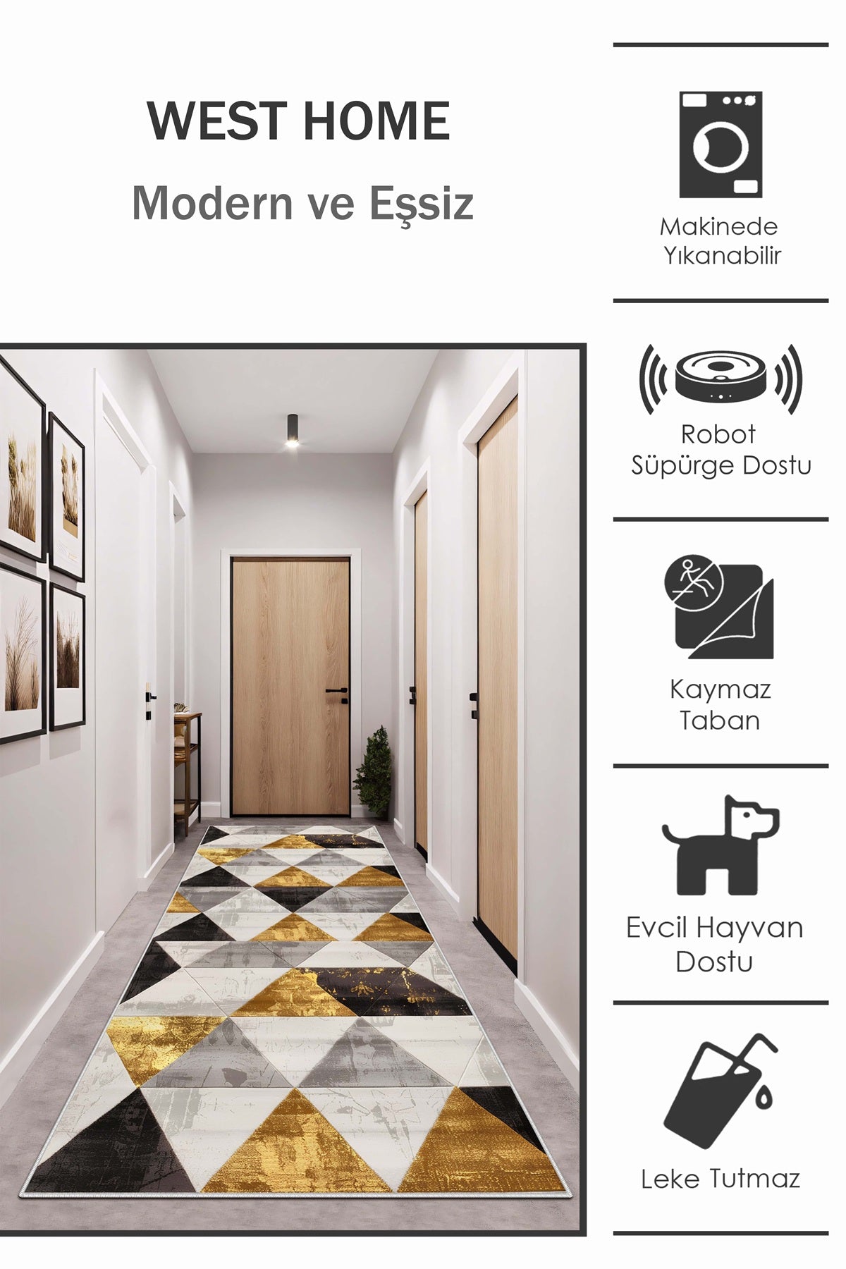 West Home Dijital Baskılı Yıkanabilir Kaymaz Taban Salon, Mutfak ve Yolluk Halısı-657 Grey