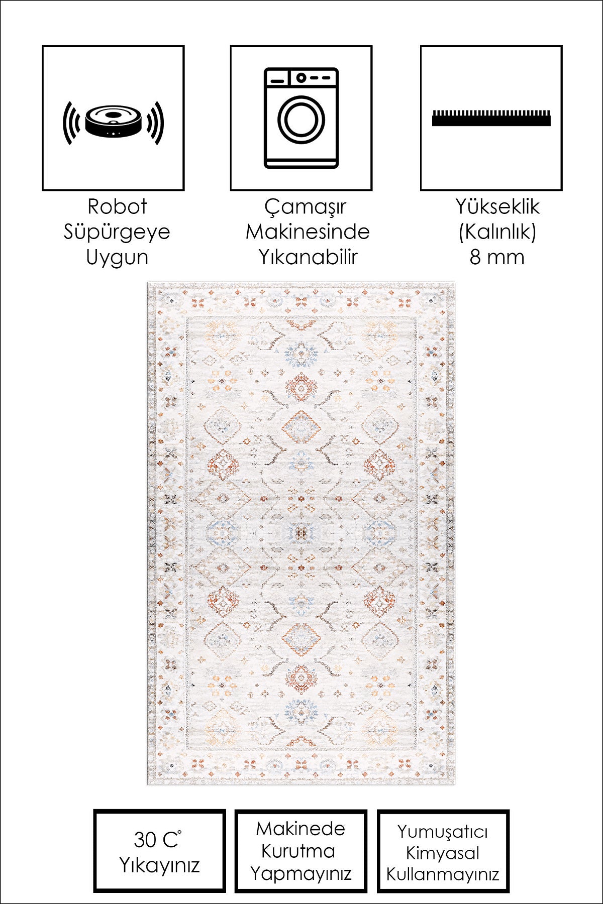 West Home Dijital Baskılı Yıkanabilir Kaymaz Taban Salon, Mutfak ve Yolluk Halısı-658 White