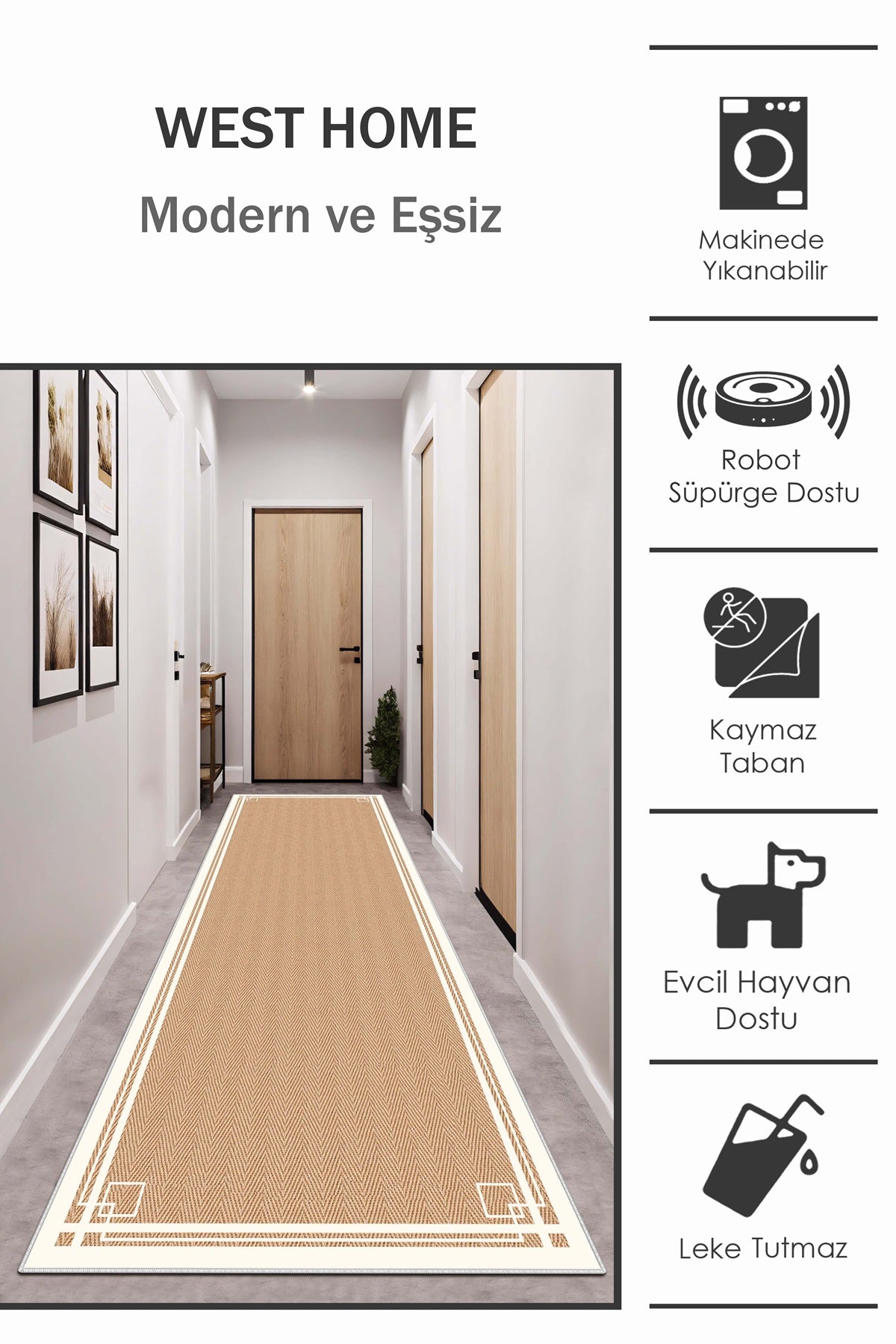 West Home Dijital Baskılı Yıkanabilir Kaymaz Taban Salon, Mutfak ve Yolluk Halısı-659 Beige