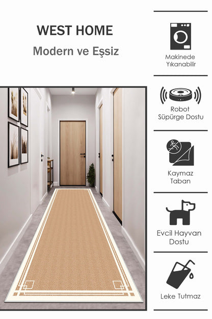 West Home Dijital Baskılı Yıkanabilir Kaymaz Taban Salon, Mutfak ve Yolluk Halısı-659 Beige