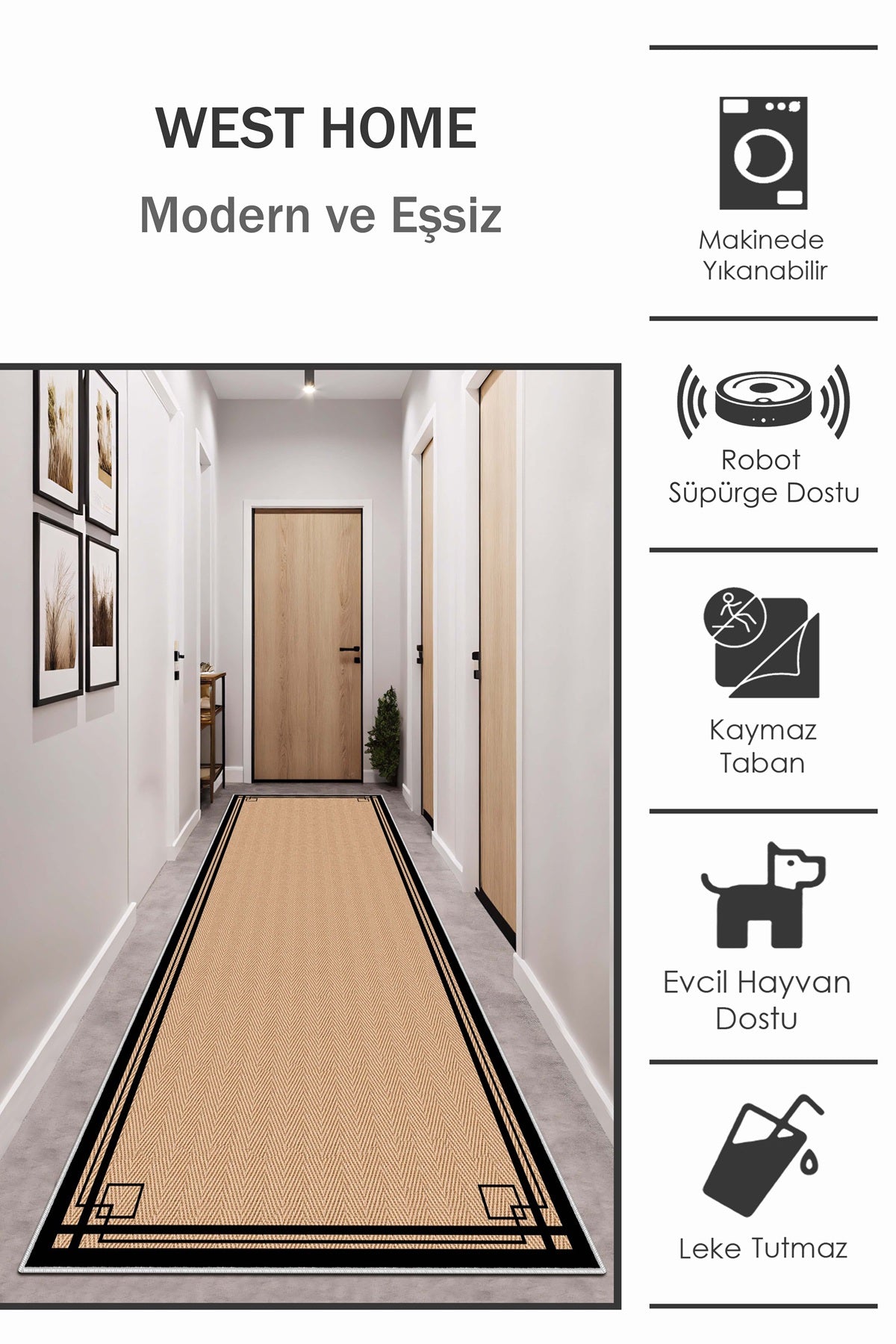 West Home Dijital Baskılı Yıkanabilir Kaymaz Taban Salon, Mutfak ve Yolluk Halısı-659 Black