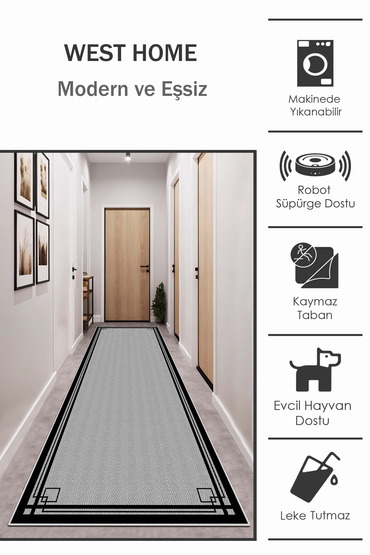 West Home Dijital Baskılı Yıkanabilir Kaymaz Taban Salon, Mutfak ve Yolluk Halısı-659 Grey