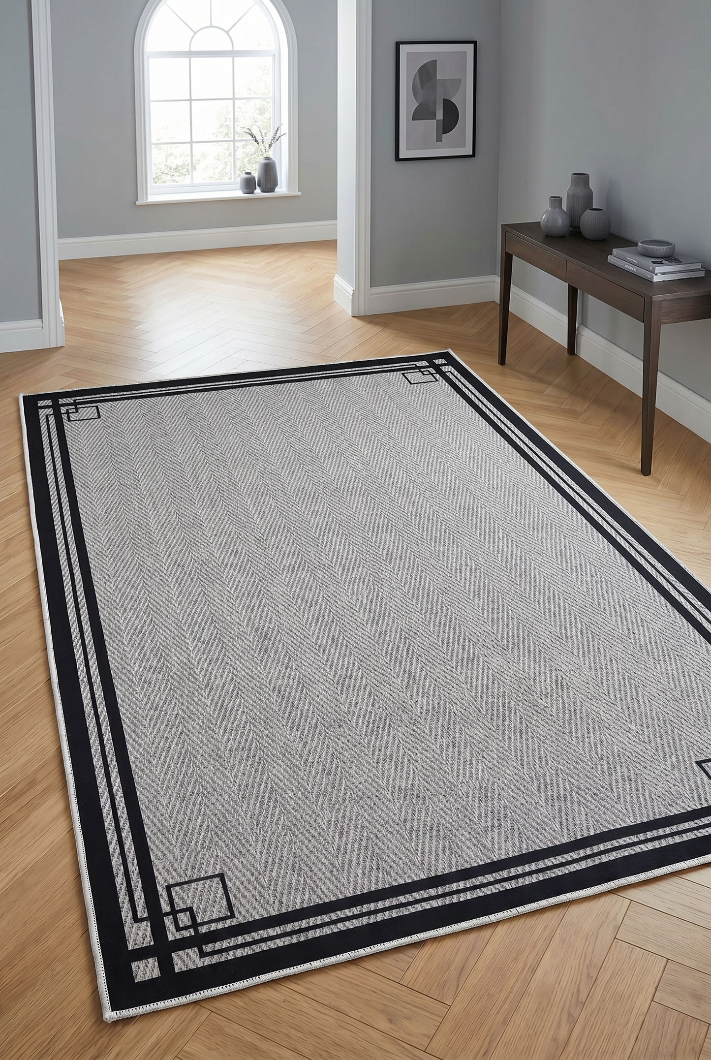 West Home Digital Print Washable Non-Slip Living Room, Kitchen and Hallway Rug - 659 Grey