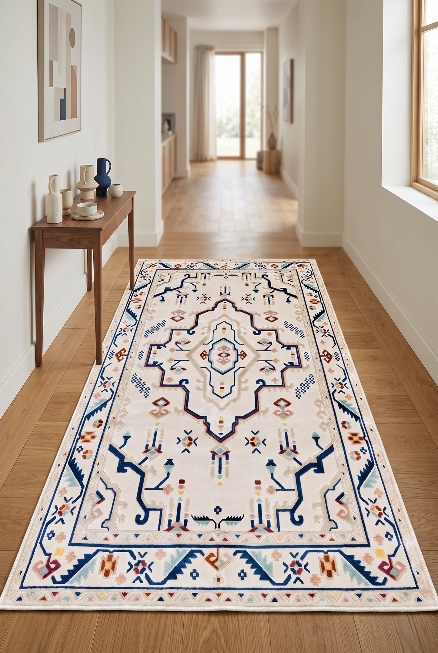 West Home Digital Print Washable Non-Slip Living Room, Kitchen and Hallway Rug - 722 Beige