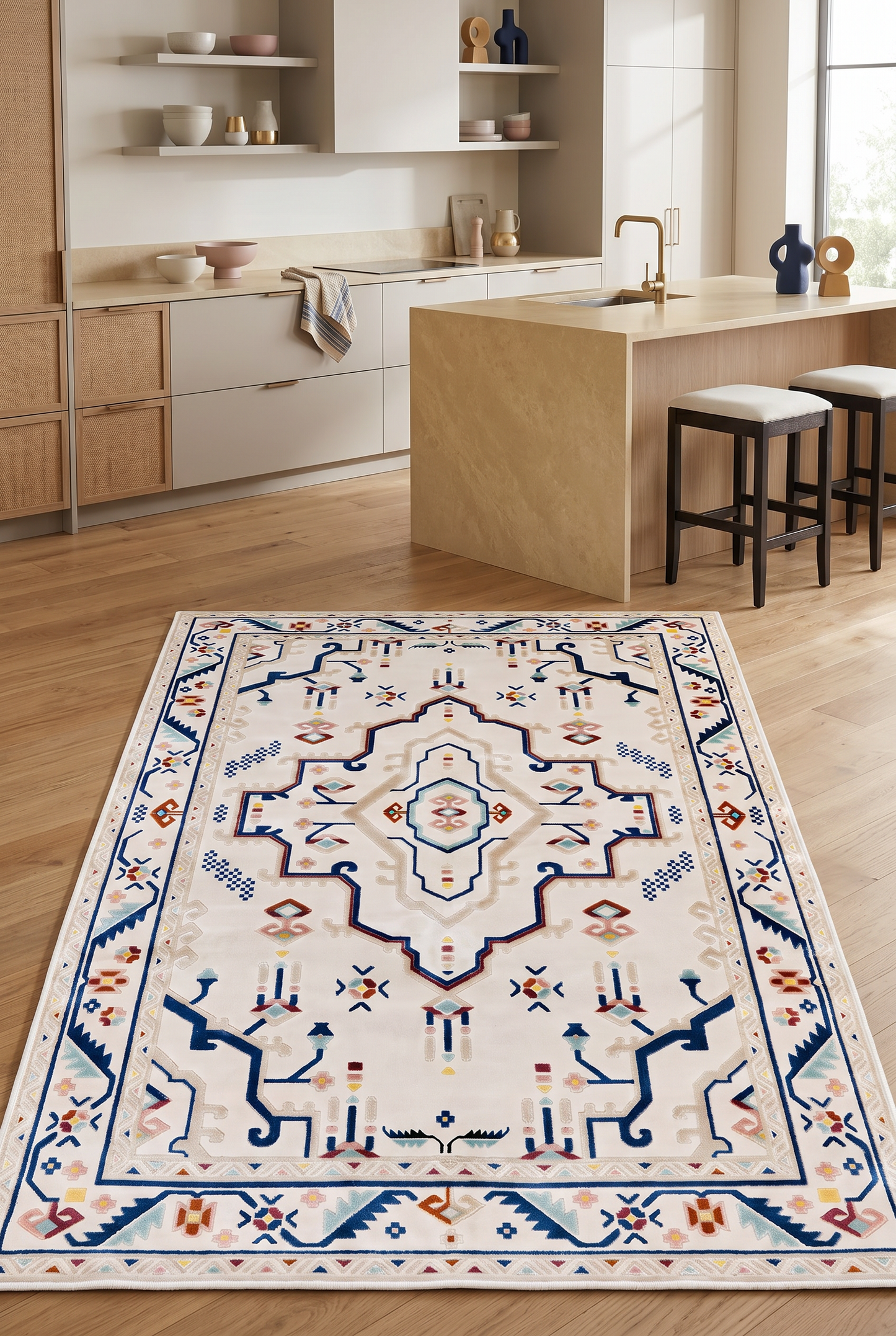 West Home Digital Print Washable Non-Slip Living Room, Kitchen and Hallway Rug - 722 Beige