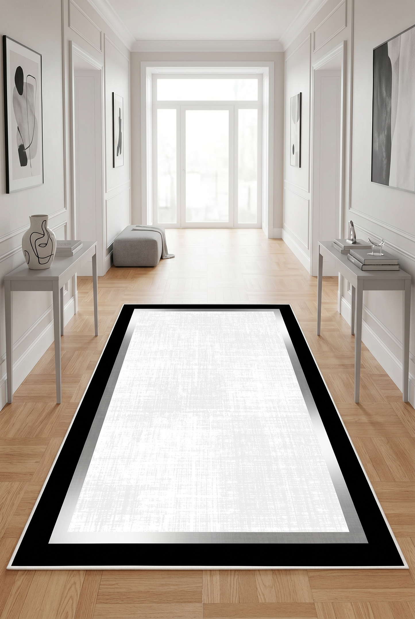 West Home Digital Print Washable Non-Slip Living Room, Kitchen and Hallway Rug - 422 White