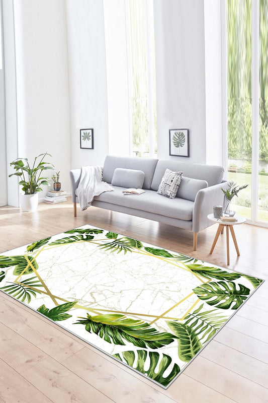 West Home Digital Print Washable Non-Slip Living Room, Kitchen and Hallway Rug - 763 Green