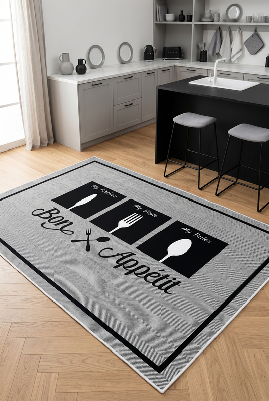West Home Dijital Baskılı Yıkanabilir Kaymaz Taban Mutfak Halısı-583 Grey