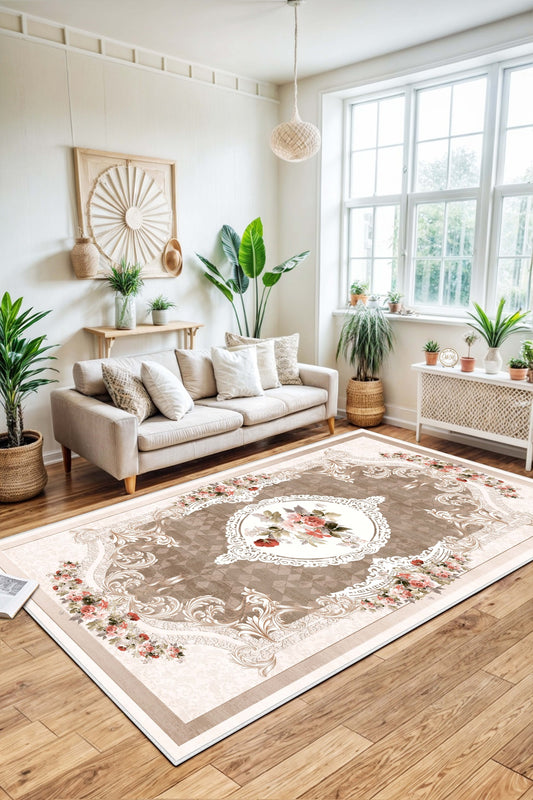West Home Dijital Baskılı Yıkanabilir Kaymaz Taban Salon, Mutfak ve Yolluk Halısı-031 Beige