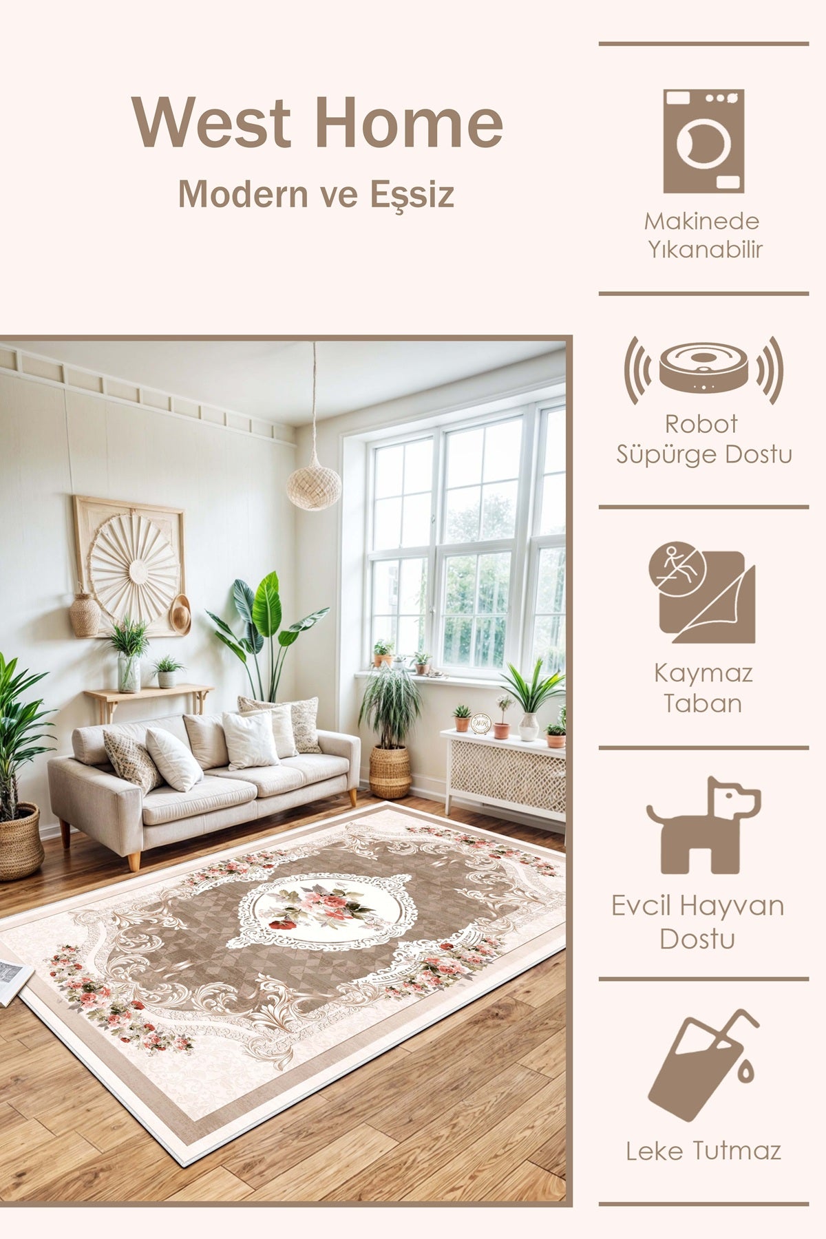 West Home Dijital Baskılı Yıkanabilir Kaymaz Taban Salon, Mutfak ve Yolluk Halısı-031 Beige