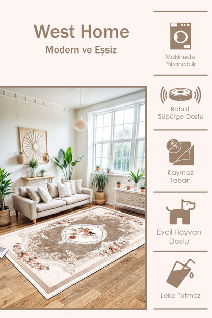 West Home Dijital Baskılı Yıkanabilir Kaymaz Taban Salon, Mutfak ve Yolluk Halısı-031 Beige