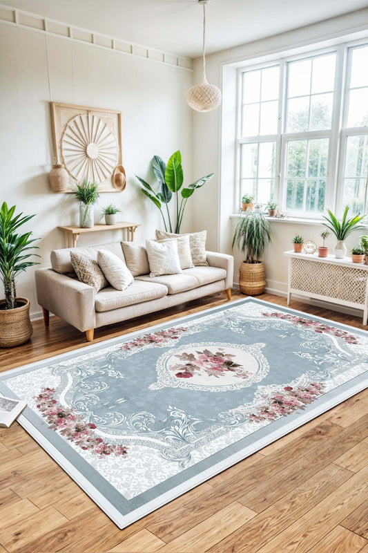West Home Dijital Baskılı Yıkanabilir Kaymaz Taban Salon, Mutfak ve Yolluk Halısı-031 Blue