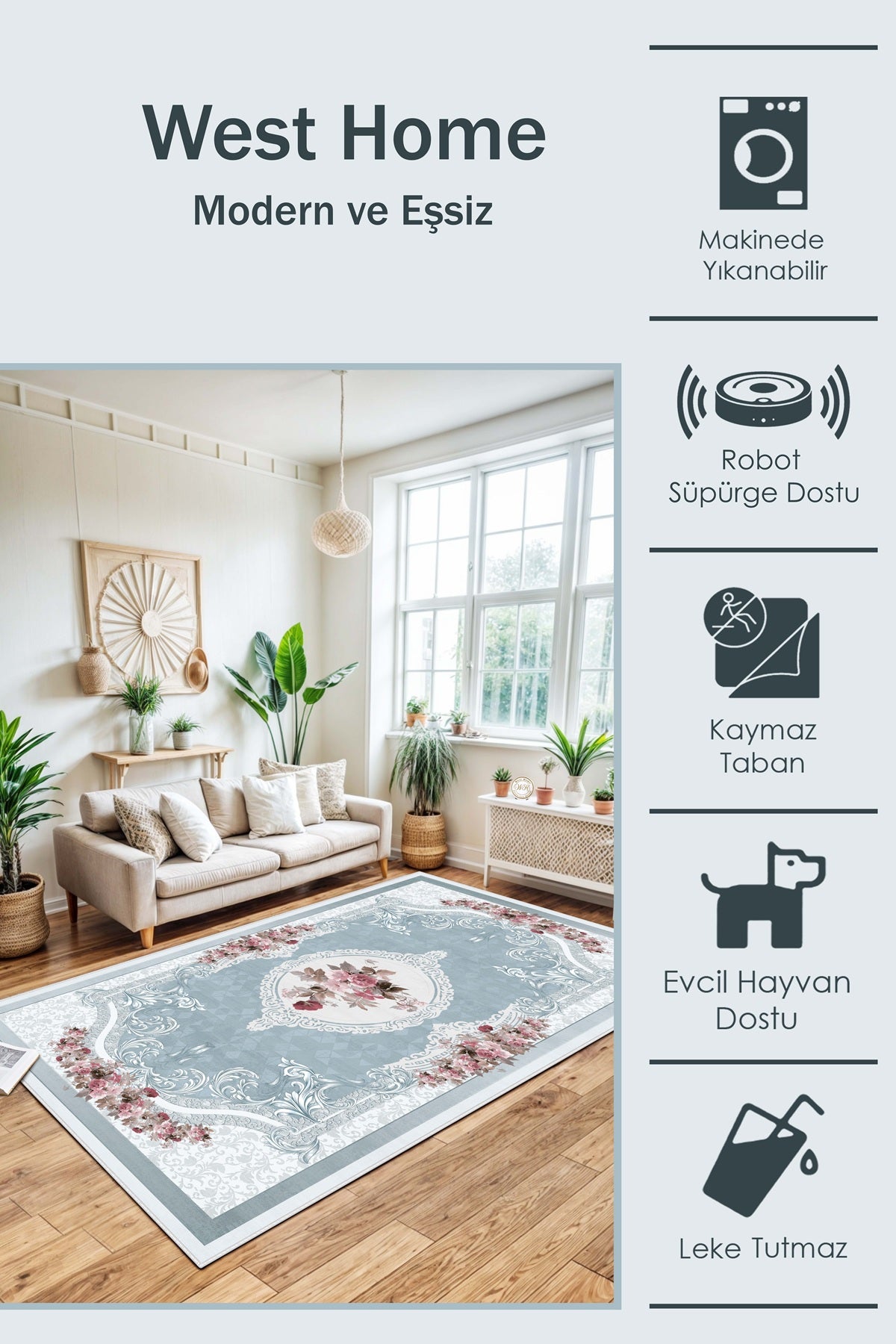 West Home Dijital Baskılı Yıkanabilir Kaymaz Taban Salon, Mutfak ve Yolluk Halısı-031 Blue