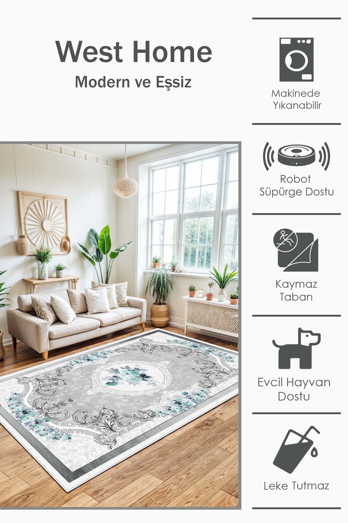 West Home Dijital Baskılı Yıkanabilir Kaymaz Taban Salon, Mutfak ve Yolluk Halısı-031 Grey
