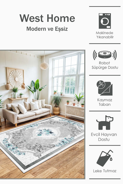 West Home Dijital Baskılı Yıkanabilir Kaymaz Taban Salon, Mutfak ve Yolluk Halısı-031 Grey