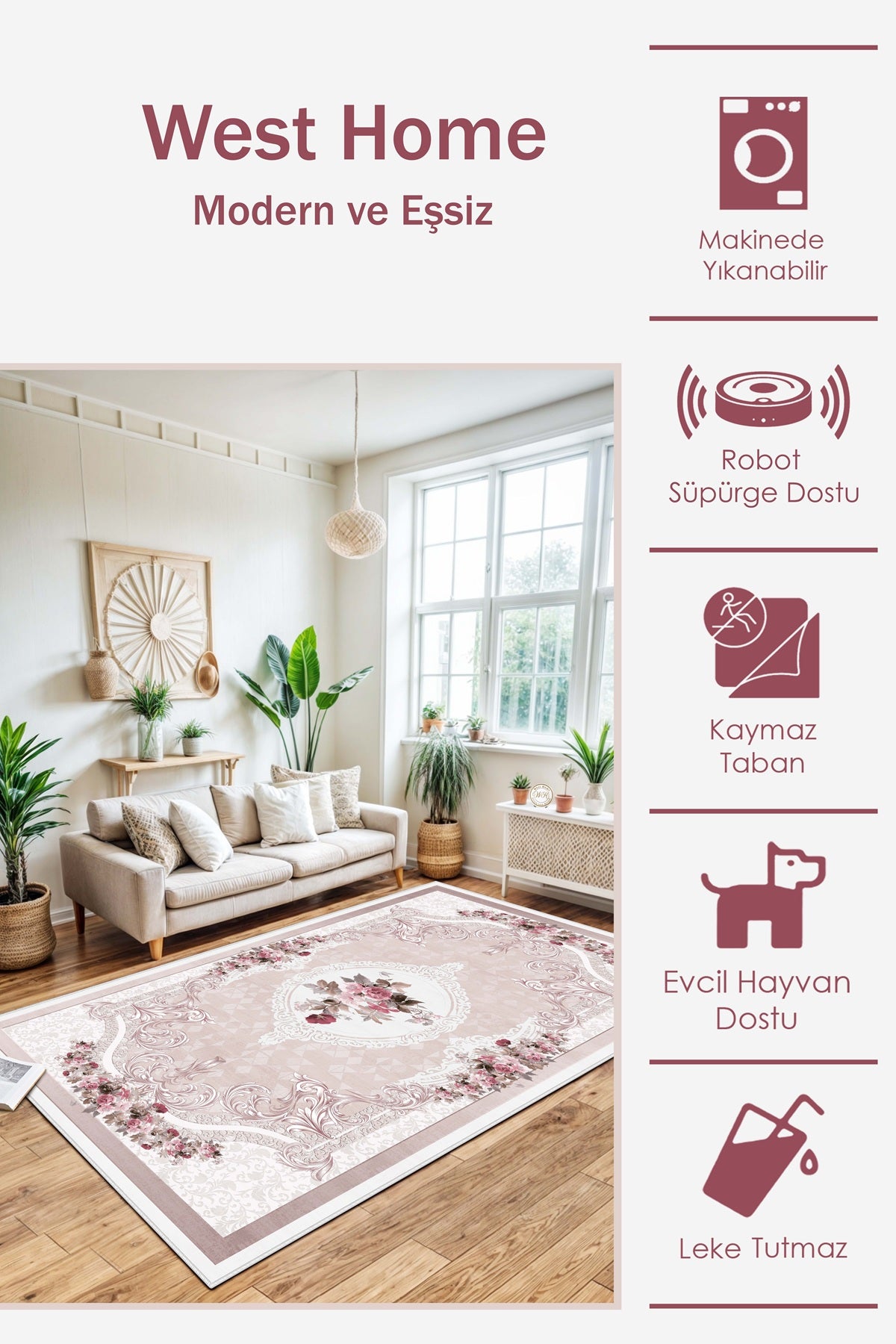 West Home Dijital Baskılı Yıkanabilir Kaymaz Taban Salon, Mutfak ve Yolluk Halısı-031 Rose