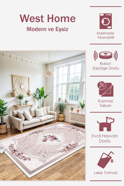 West Home Dijital Baskılı Yıkanabilir Kaymaz Taban Salon, Mutfak ve Yolluk Halısı-031 Rose